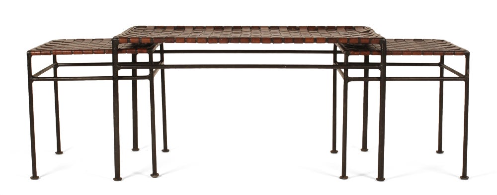 Set of Three Woven Leather & Wrought Iron Nesting Tables In Excellent Condition In New York, NY