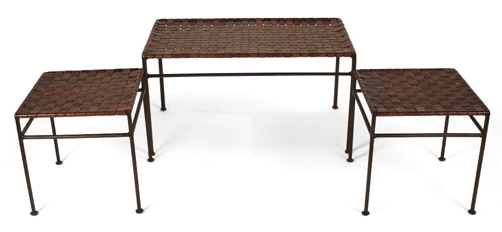 Set of Three Woven Leather & Wrought Iron Nesting Tables 1