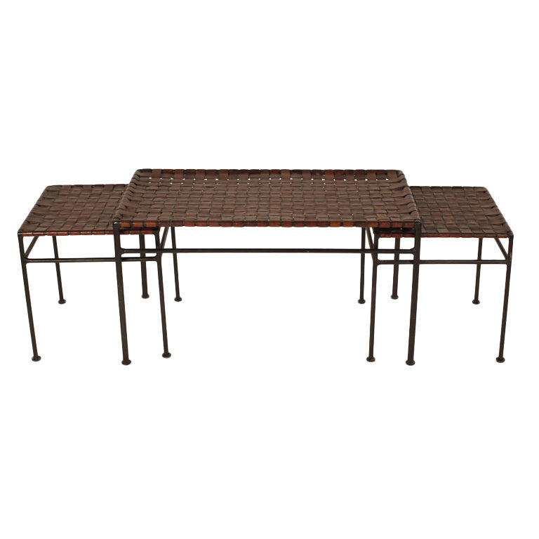 Set of Three Woven Leather & Wrought Iron Nesting Tables