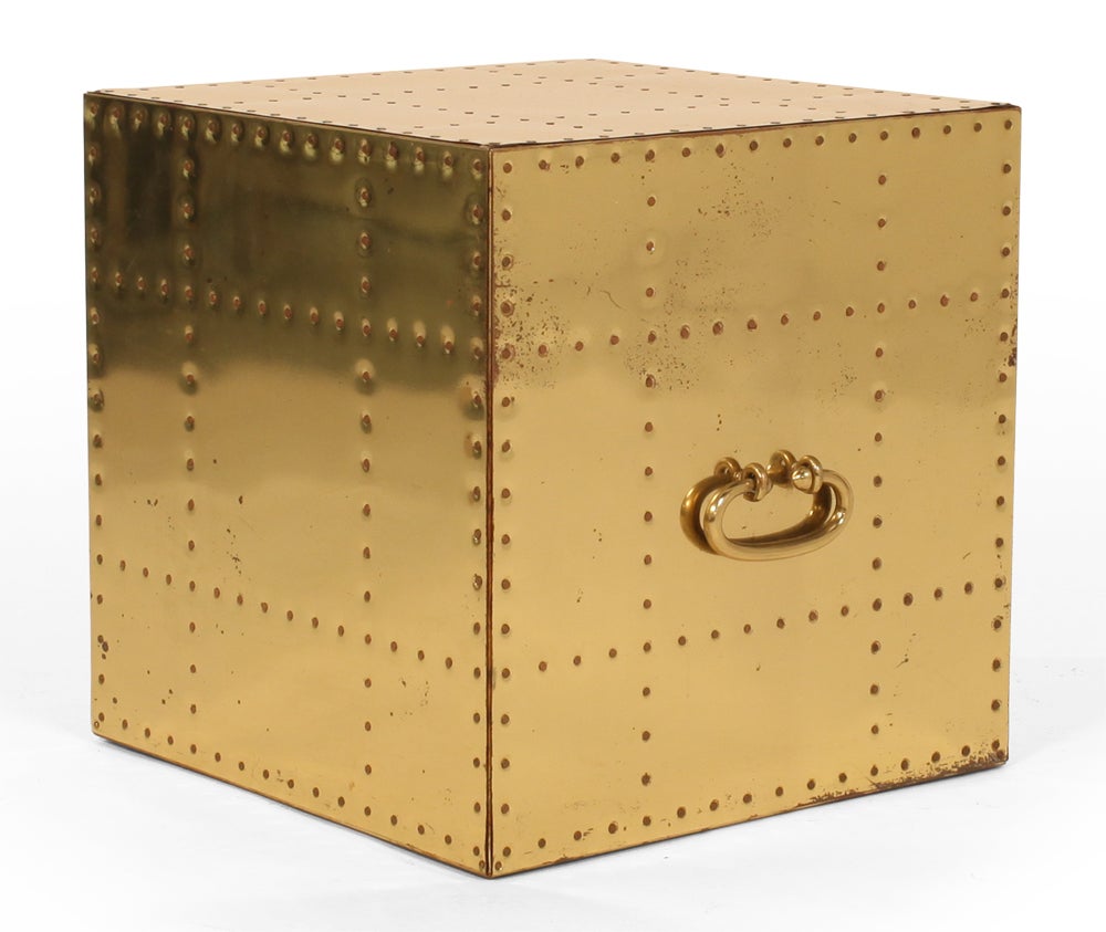 Pair of Polished Brass Studded Cube Box Tables by Sarreid, Ltd For Sale