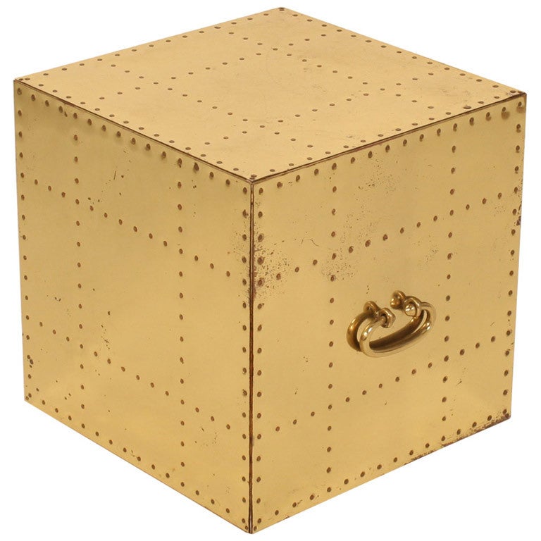 Pair Polished Brass Studded Cube Box Tables by Sarreid, Ltd. For Sale