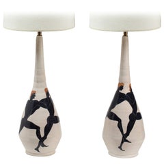 'Acrobati' Acrobats Hand Painted Majolica Ceramic Table Lamps by Ernestine