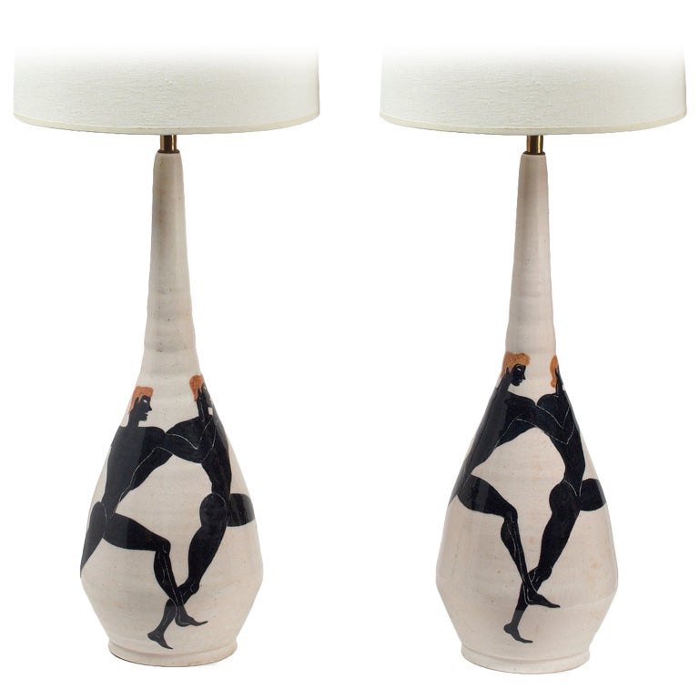Hand Thrown, HandPainted Ceramic Table Lamps by Ernestine For Sale at