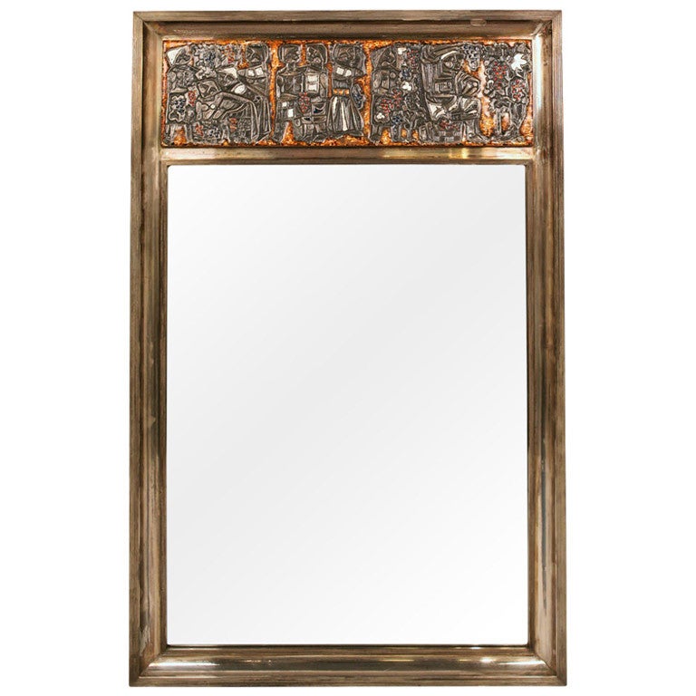 'Grape Harvest' Frieze Enamel Silver Frame Mirror by Studio Del Campo Torino, IT For Sale