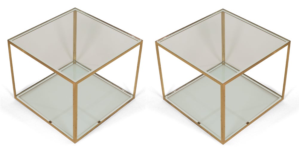 French Pair of Chic Open Cube Brass Frame and Glass Occasional Tables