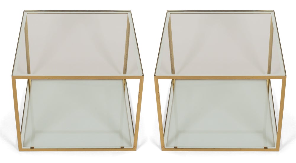 Pair of Chic Open Cube Brass Frame and Glass Occasional Tables In Excellent Condition In New York, NY