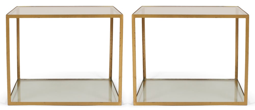 Late 20th Century Pair of Chic Open Cube Brass Frame and Glass Occasional Tables