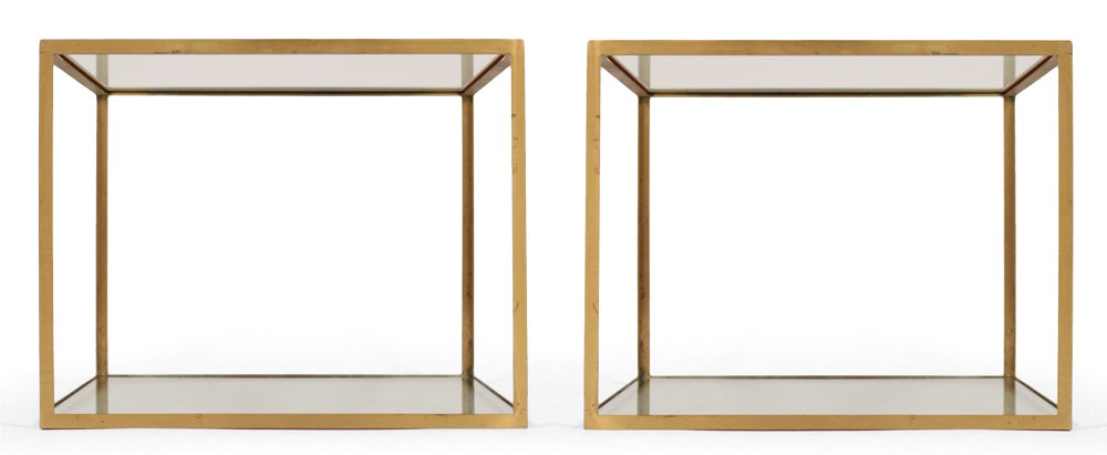 Pair of Chic Open Cube Brass Frame and Glass Occasional Tables 1