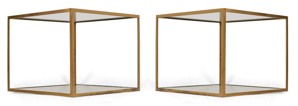Pair of Chic Open Cube Brass Frame and Glass Occasional Tables 2