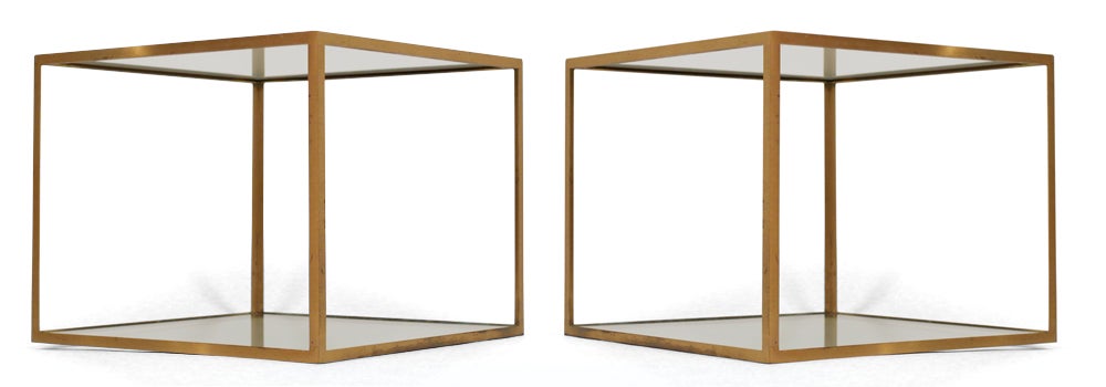 Pair of Chic Open Cube Brass Frame and Glass Occasional Tables 3