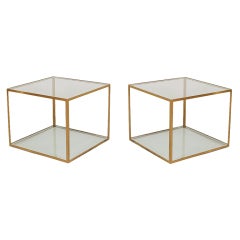 Pair of Chic Open Cube Brass Frame and Glass Occasional Tables