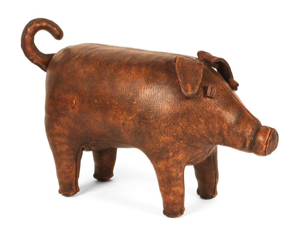 Hand-Stitched Leather Piggy Ottoman In Excellent Condition In New York, NY