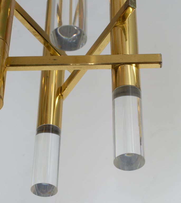 Late 20th Century Italian Brass and Lucite Tube Cluster Pendant by Gaetano Sciolari For Sale
