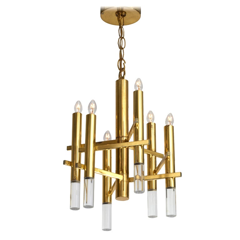 Italian Brass and Lucite Tube Cluster Pendant by Gaetano Sciolari For Sale