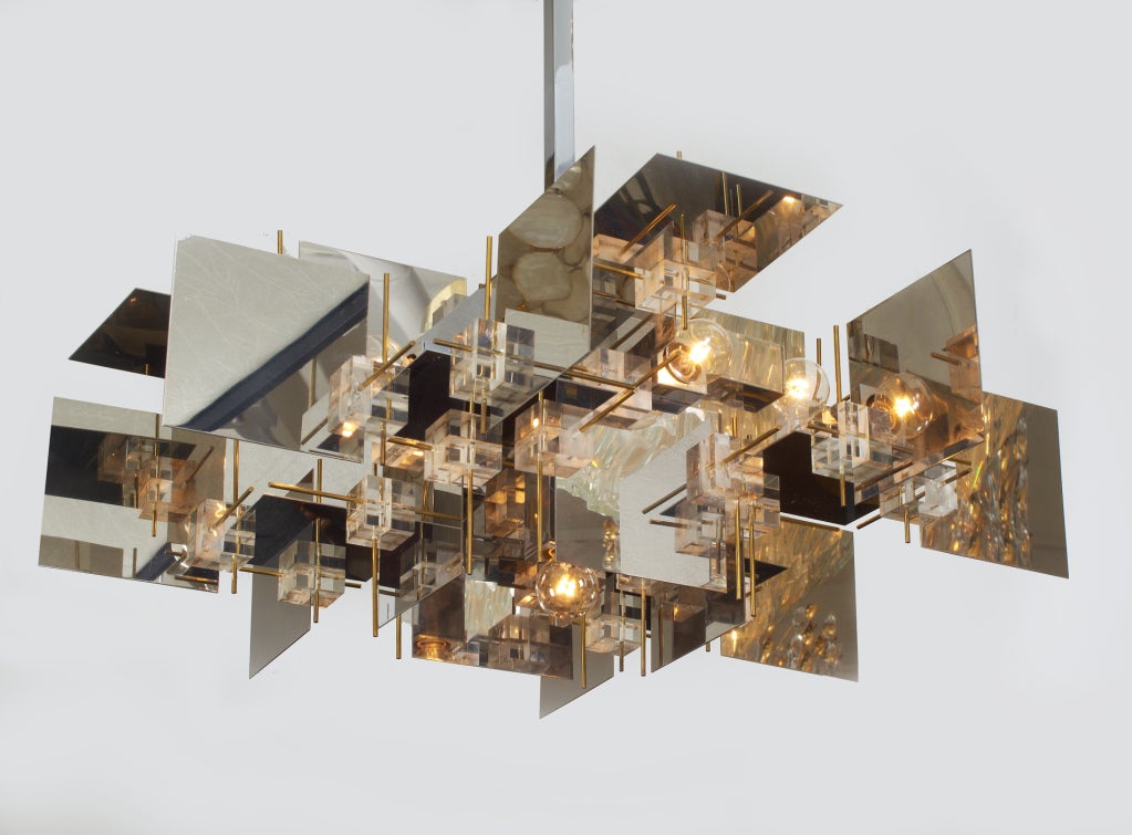 Italian Constructivist Chrome Steel Lucite Brass Chandelier by Sciolari