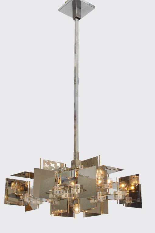 Mid-20th Century Constructivist Chrome Steel Lucite Brass Chandelier by Sciolari