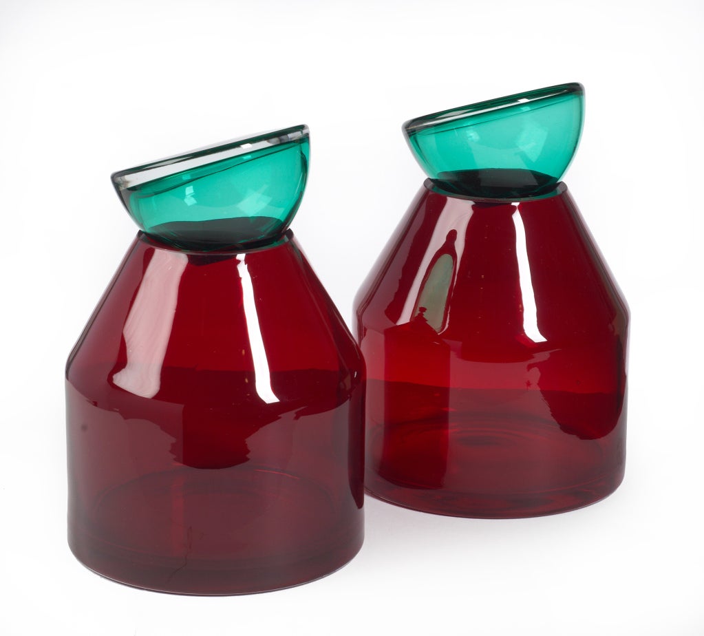 Italian Pair of Candy Apple Red and Aqua Glass Lidded Vases