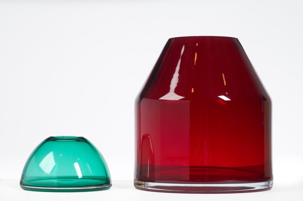 Pair of Candy Apple Red and Aqua Glass Lidded Vases 1