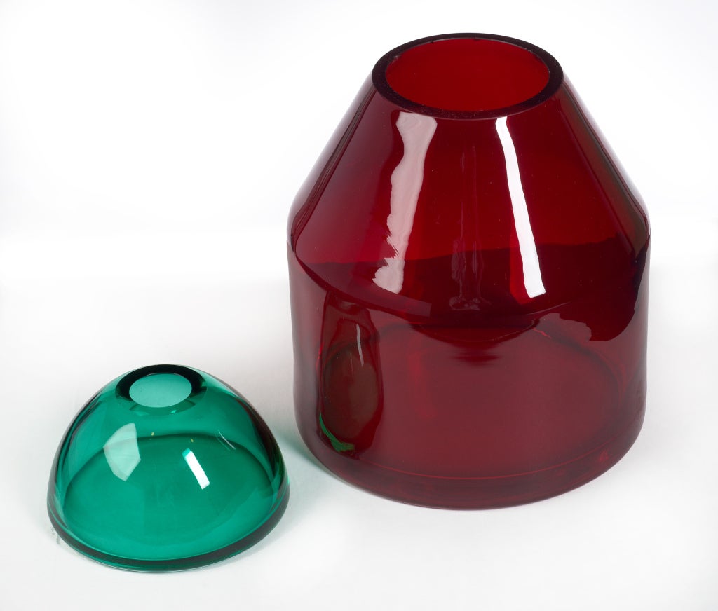 Pair of Candy Apple Red and Aqua Glass Lidded Vases 2