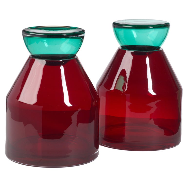 Pair of Candy Apple Red and Aqua Glass Lidded Vases