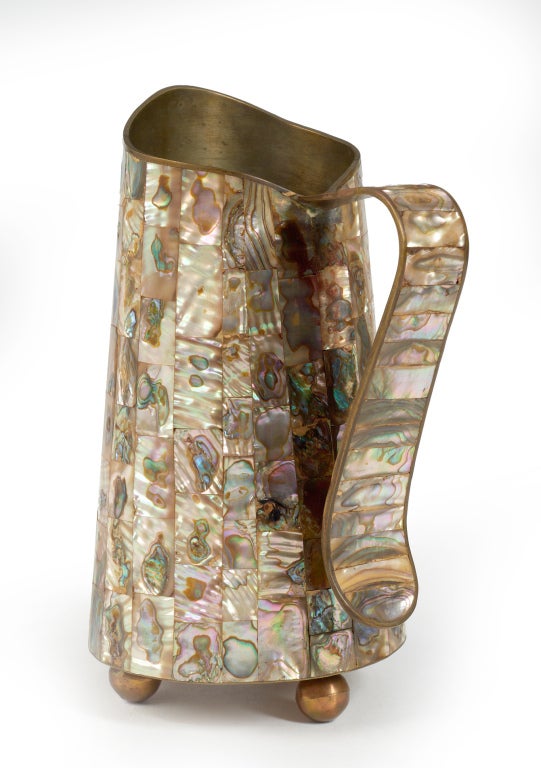 Hand Wrought Bronze and Abalone Pitcher by Salvador Teran In Excellent Condition In New York, NY