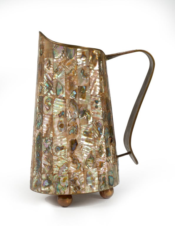 Mid-20th Century Hand Wrought Bronze and Abalone Pitcher by Salvador Teran