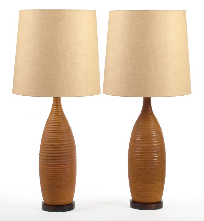 Pair of Hand Thrown Spiral Fluted Ceramic Table Lamps For Sale at 1stDibs