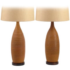 Pair of Hand Thrown Spiral Fluted Ceramic Table Lamps 1