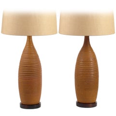 Pair of Hand Thrown Spiral Fluted Ceramic Table Lamps