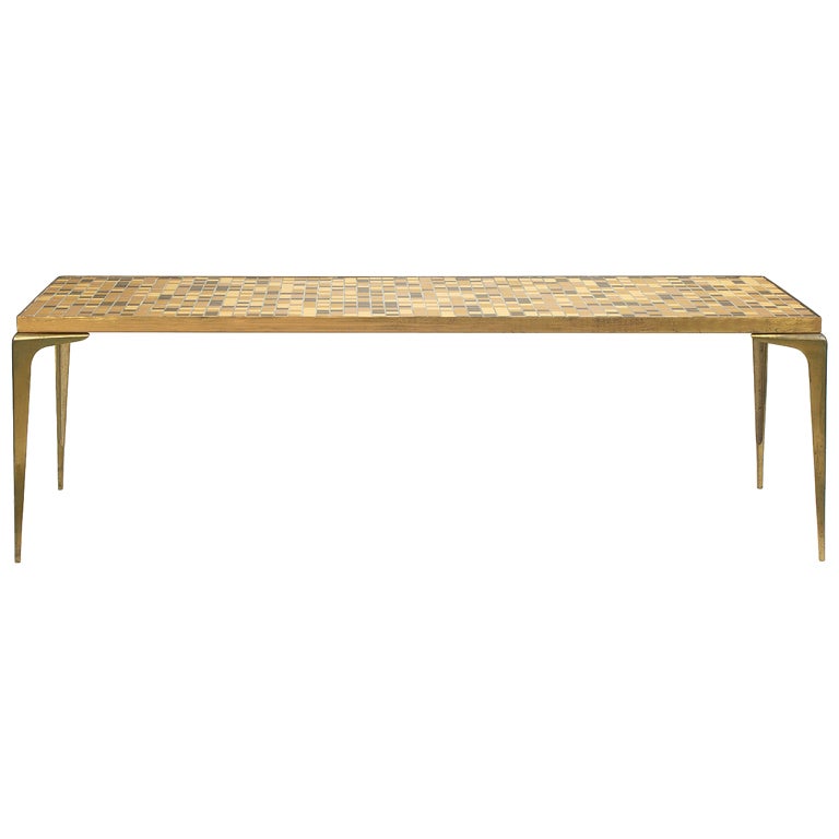 Italian Modernist Brass and Mosaic Tile Cocktail Table