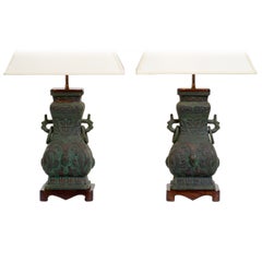 Pair of Cast Bronze Chinoiserie Table Lamps