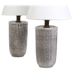 Pair of Incised Ceramic Table Lamps by Nancy Wickam