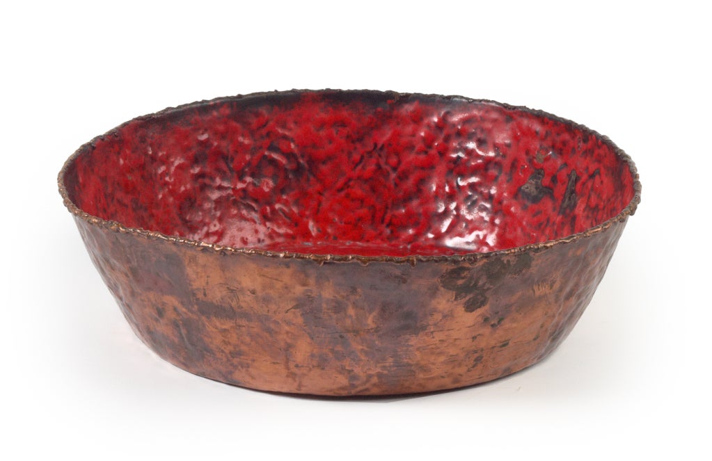 Brutalist Italian Enameled Torch Cut and Hammered Copper Fruit Bowl by Fantoni For Sale