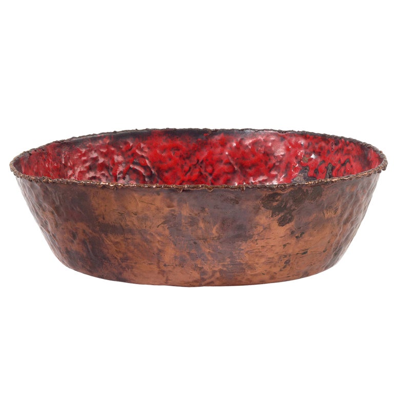 Italian Enameled Torch Cut and Hammered Copper Fruit Bowl by Fantoni For Sale