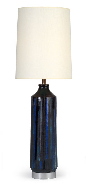 Italian Pair of Incised Blue Glazed Ceramic Table Lamps by Bitossi