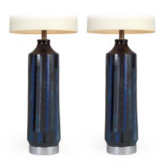 Pair of Incised Blue Glazed Ceramic Table Lamps by Bitossi