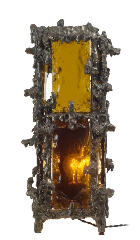 Italian Brutalist Bronze and Glass Lantern by Marcello Fantoni