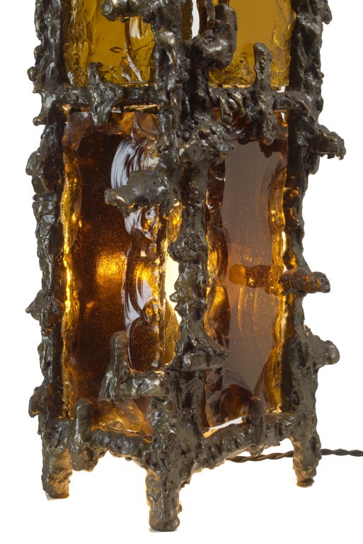 Mid-20th Century Brutalist Bronze and Glass Lantern by Marcello Fantoni