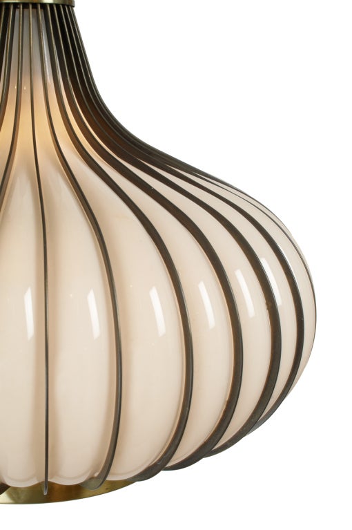 American Pair of 'Onion' Form Glass & Metal Pendant Lights