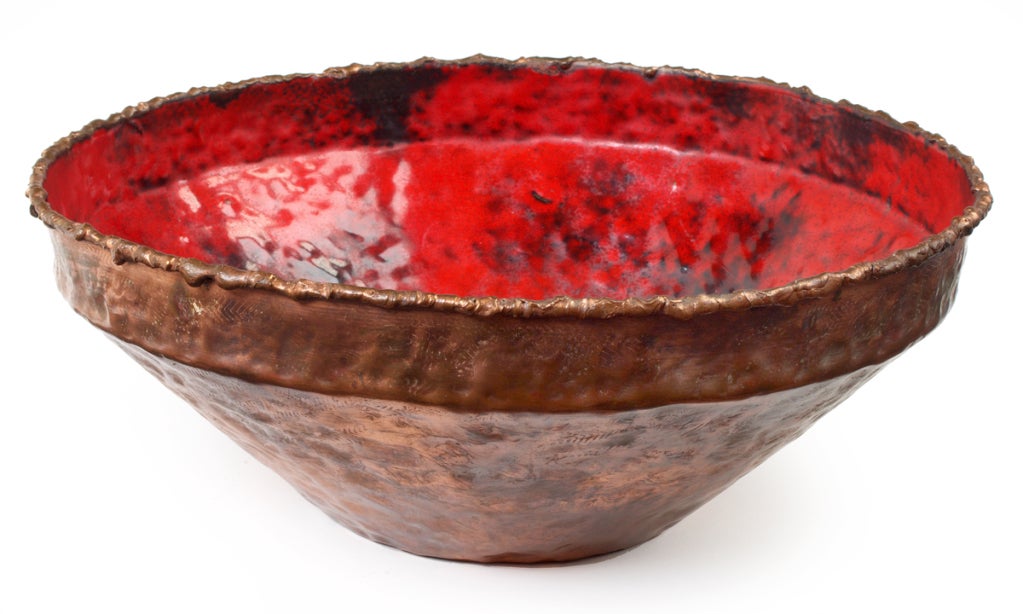 Italian Flaming Red Enamel and Copper Brutalist Fruit Bowl by Marcello Fantoni In Excellent Condition For Sale In New York, NY