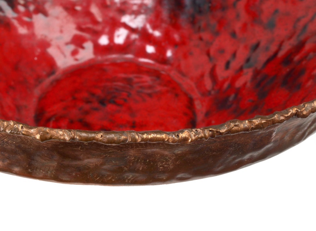 Italian Flaming Red Enamel and Copper Brutalist Fruit Bowl by Marcello Fantoni For Sale 1
