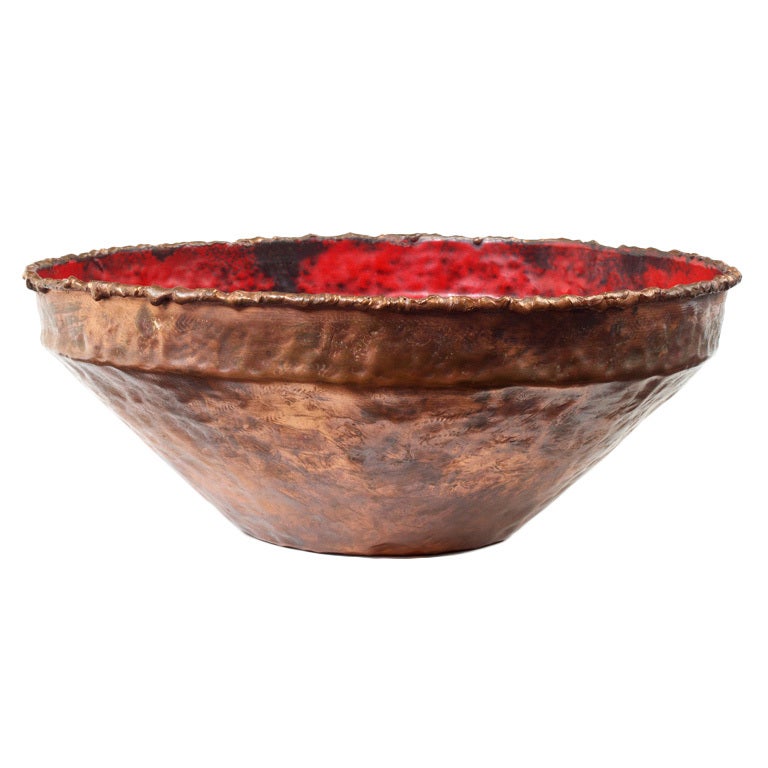 Italian Flaming Red Enamel and Copper Brutalist Fruit Bowl by Marcello Fantoni For Sale