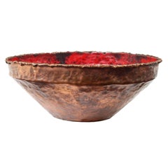 Italian Flaming Red Enamel and Copper Brutalist Fruit Bowl by Marcello Fantoni