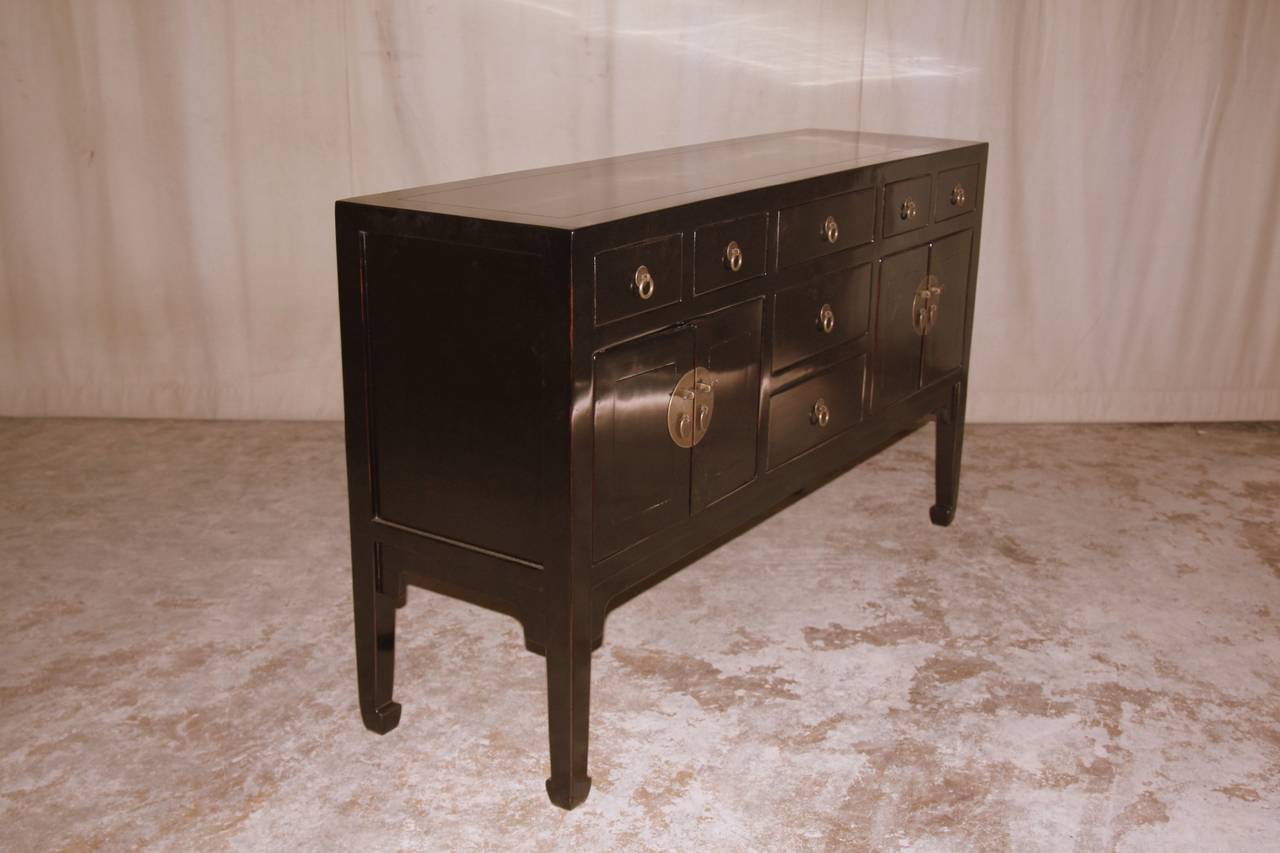 Fine Black Lacquer Table with Seven Drawers and Two Pairs of Open Doors In Excellent Condition In Greenwich, CT