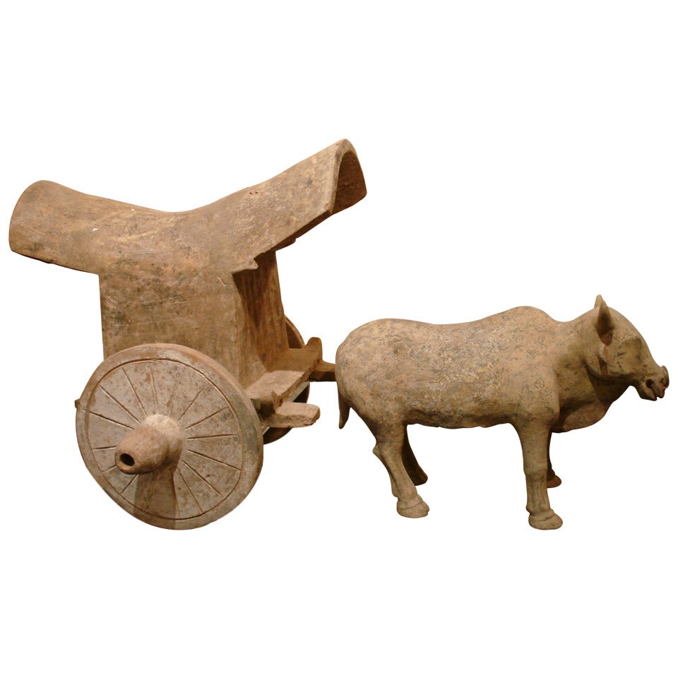 Fine Tang Dynasty Ox Cart Pottery Statue, TL Tested For Sale