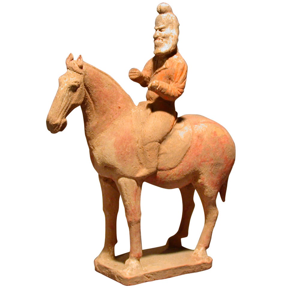 Unusual Tang Dynasty Persian Horse Rider Statue, Silk Road Trader, TL Tested For Sale