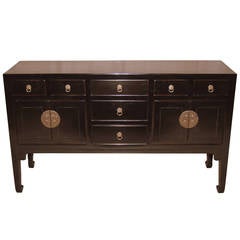 Fine Black Lacquer Table with Seven Drawers and Two Pairs of Open Doors