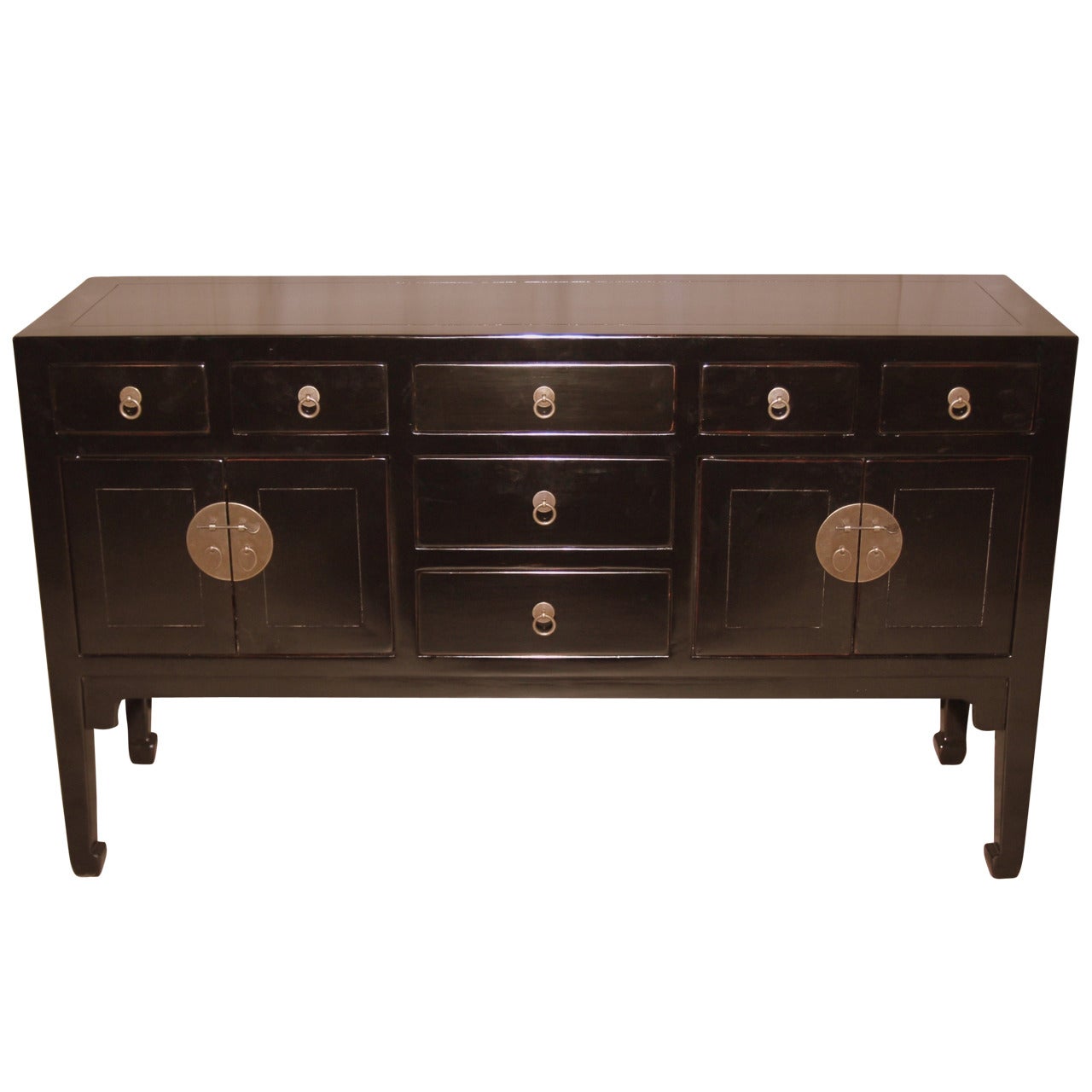 Fine Black Lacquer Table with Seven Drawers and Two Pairs of Open Doors