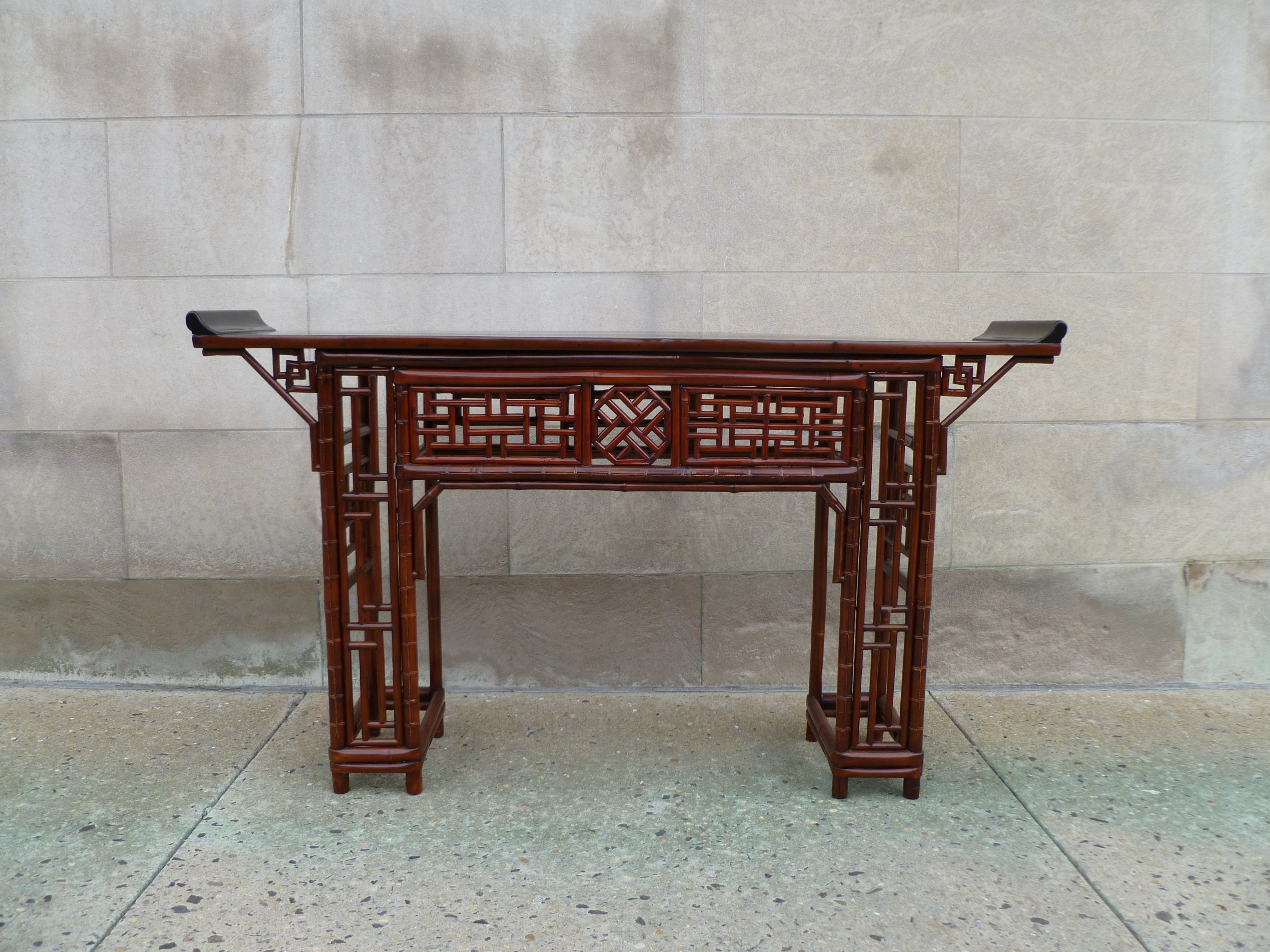 Fine Bamboo Console Table with Black Lacquer Top