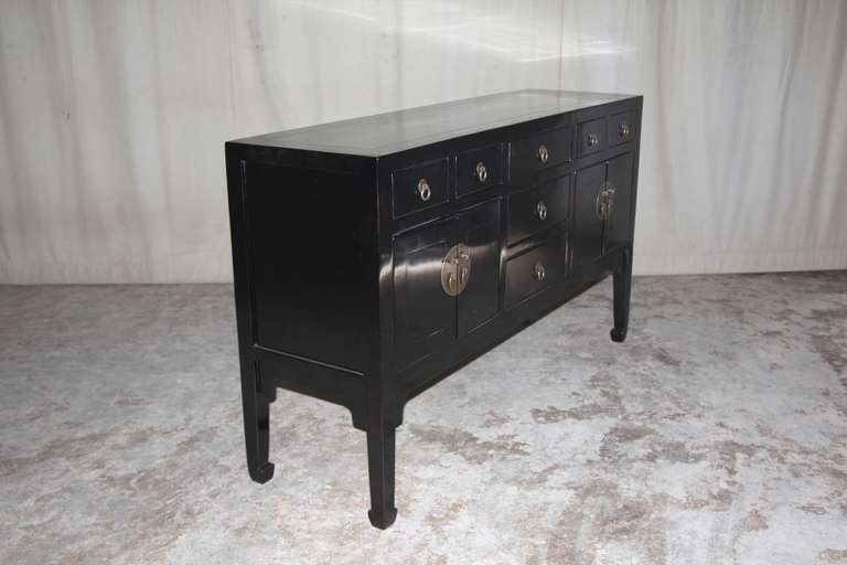 Fine Black Lacquer Table with Seven Drawers and Two Pairs of Doors In Excellent Condition In Greenwich, CT